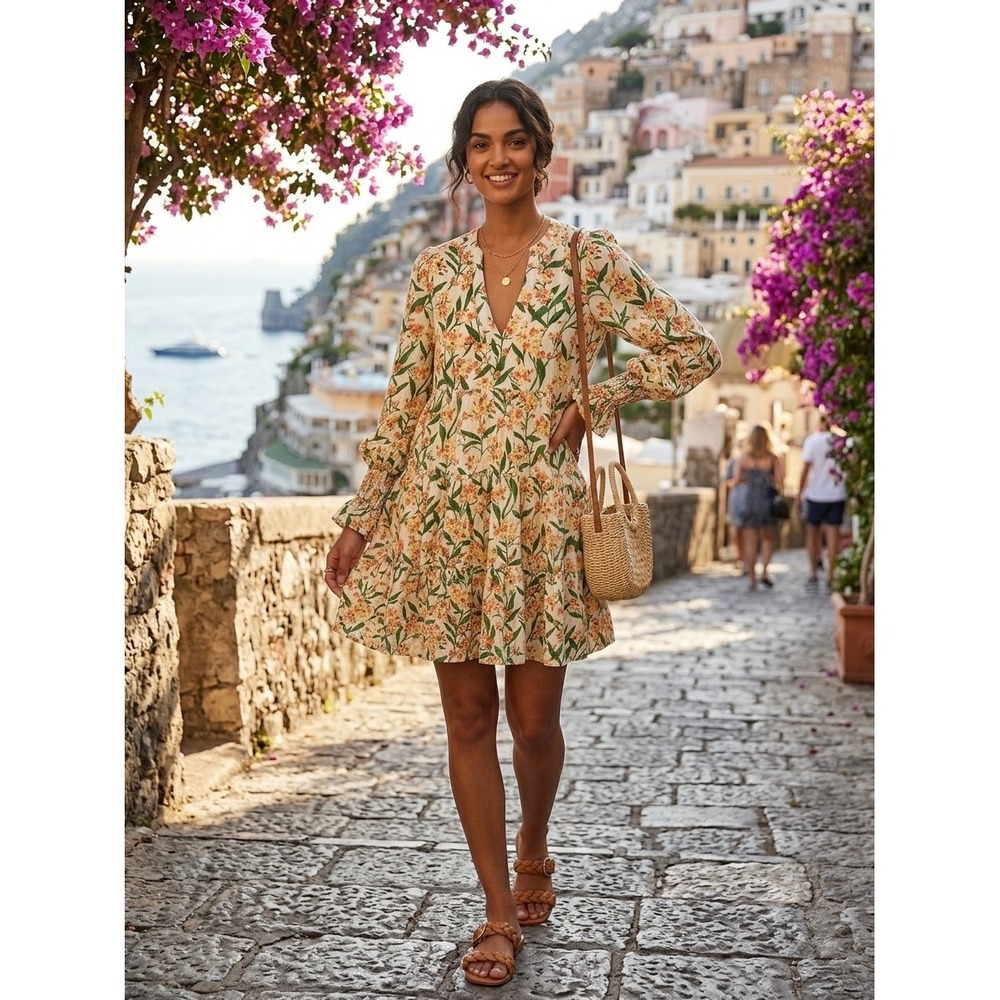 Pomander Place Floral‎ Tiered Babydoll Mini Dress Small Smocked Cuff V-Neck
